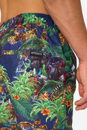 Tropical-themed shorts with Transformers animal prints and 'OPPOSUITS' branding.