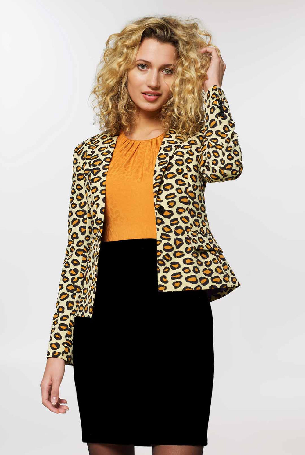 Women wearing womens blazer with panther/ jaguar print 