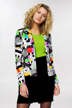 Woman wearing womens blazer with testscreen print