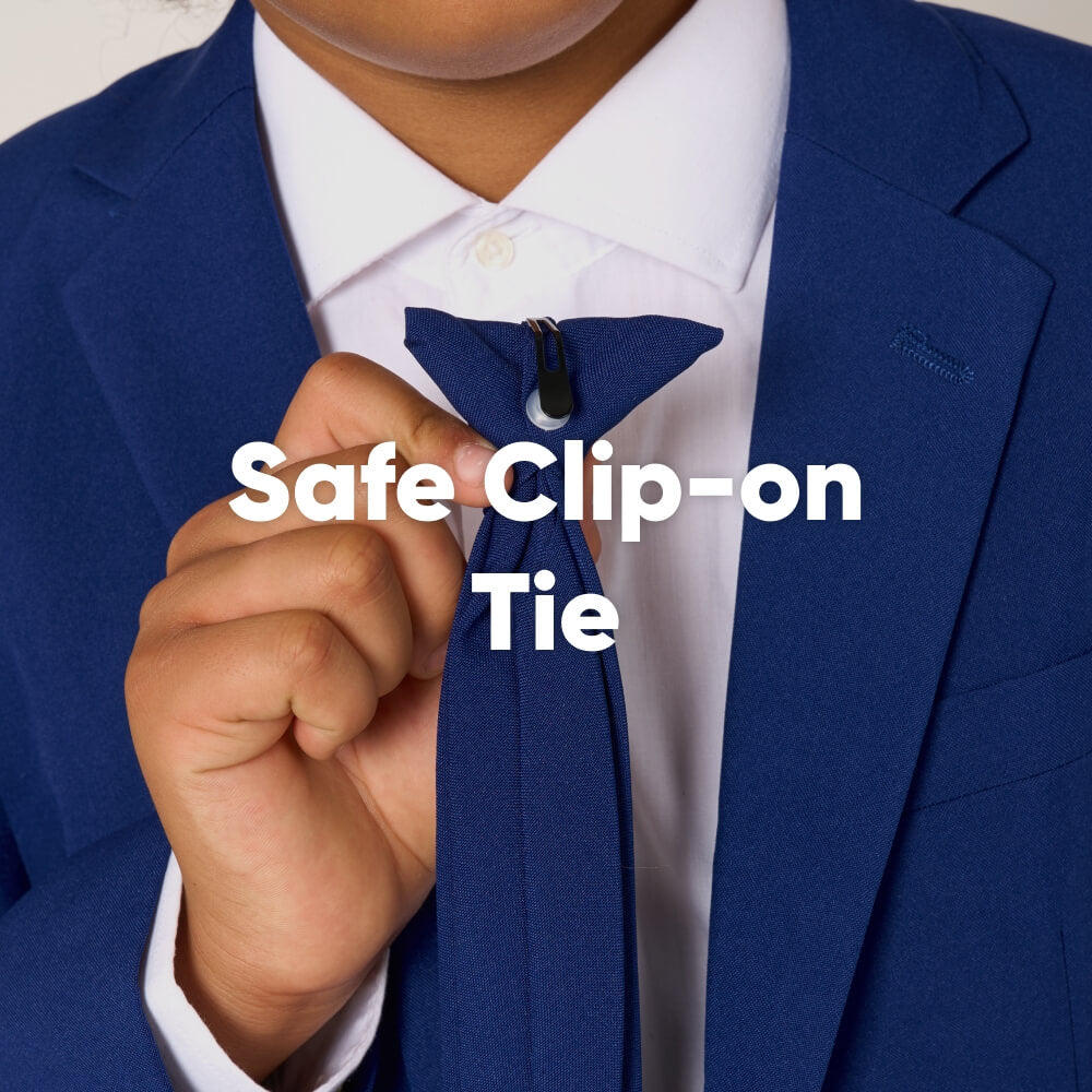 Person wearing a blue suit with a clip-on tie, text 'Safe Clip-on Tie' displayed.