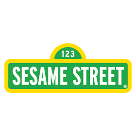 Sesame Street logo on a green street sign with yellow border