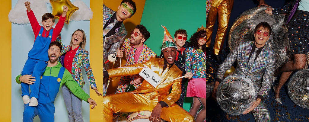 Social media banner with link to OppoSuits Instagram, consisting of 3 separate images. On the right a man wearing a discobal like suit, in the middle a group of people partying and an the left a man, women and kid cheering with Super Mario themed outfits.