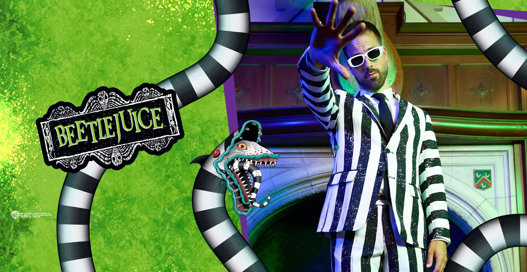 Beetlejuice themed image, with man wearing striped black and white men's suit