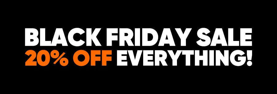 Image with a black background anda Black Friday text saying: Black Friday 20% off everything! Shop Black Friday Sale.