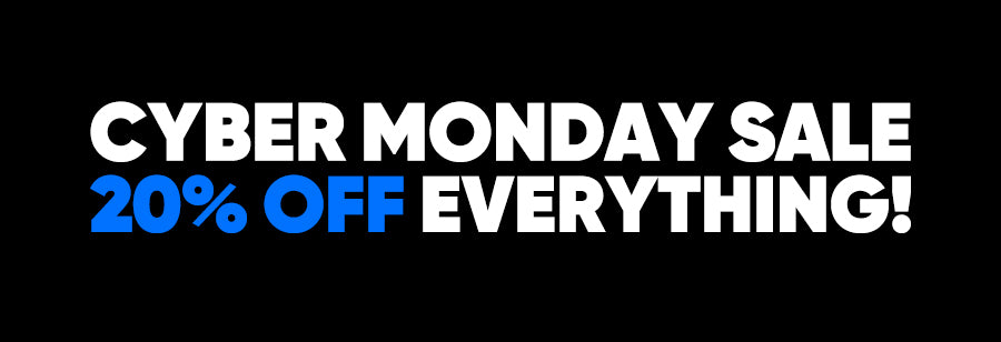 Image with black background and the text, Cyber Monday Sale 20% off everything mostly in white and 20% off in blue.