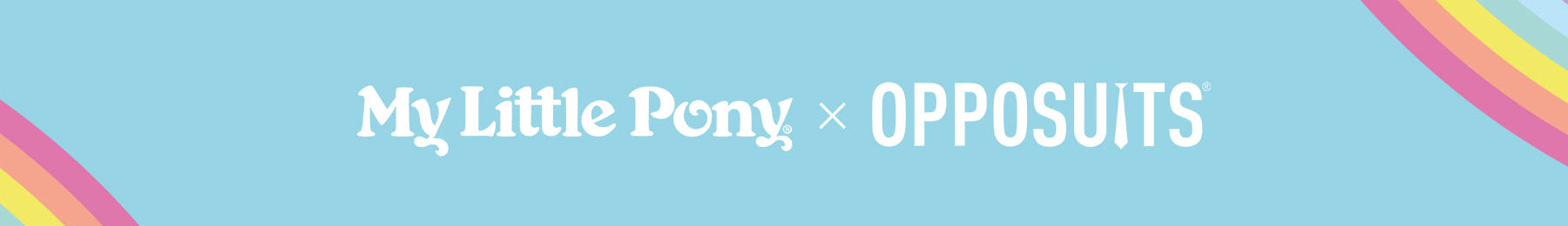 Image of Collaboration between My Little Pony and Opposuits on a light blue background with rainbow elements.