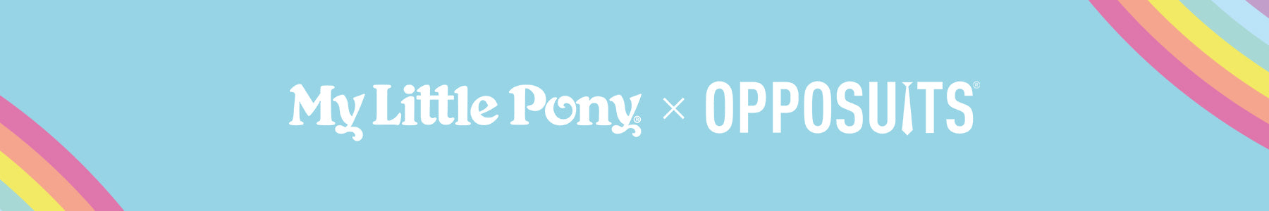Banner for collaboration between My Little Pony and Opposuits on a light blue background with rainbow elements.