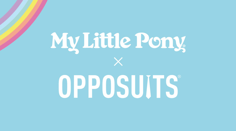 Banner for collaboration between My Little Pony and Opposuits on a light blue background with rainbow elements.
