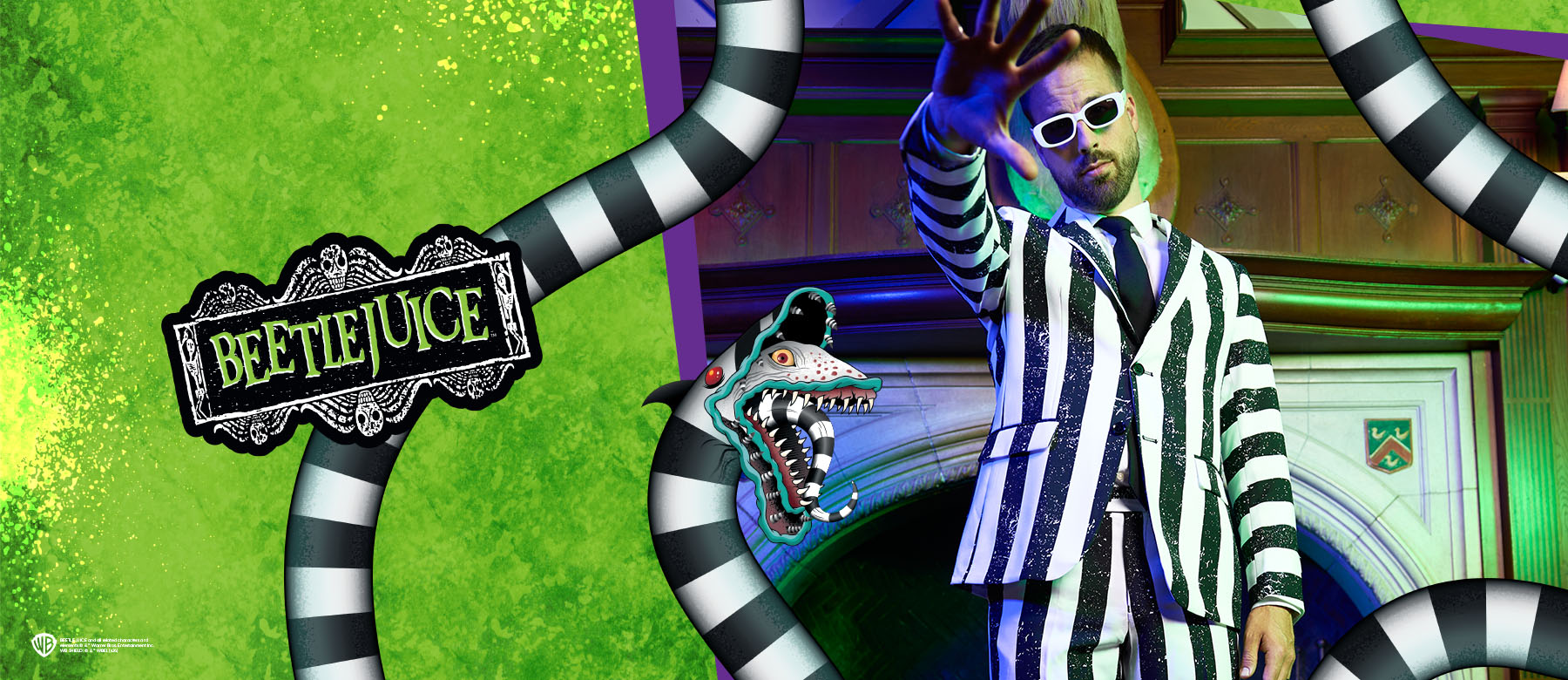 Beetlejuice themed image, with man wearing striped black and white men's suit
