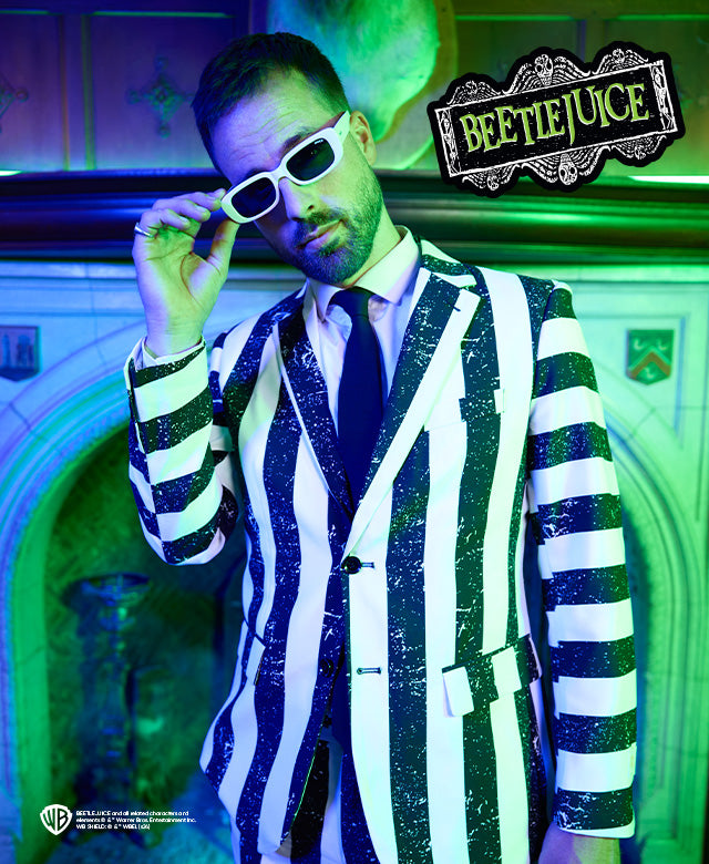 Beetlejuice themed image, with man wearing striped black and white men's suit