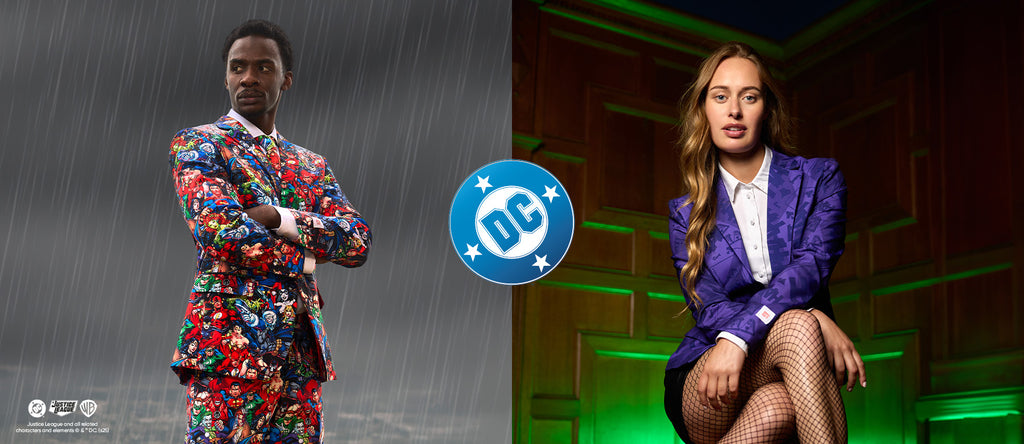 Large image consisting of two separate images. On the left a man wearing a mens suit with DC Comics character print standing in the rain. On the right a women, sitting an a stool, wearing a purple womens blazer with a The Joker theme.