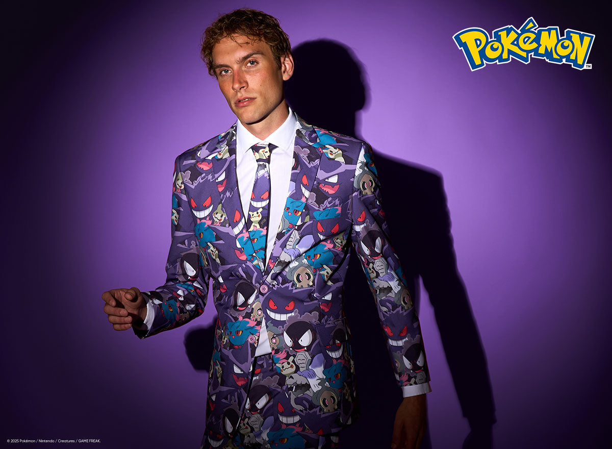 Image with purple background and man wearing all-over print Pokemon ghost type men's suit. Pokemon logo in top right corner.