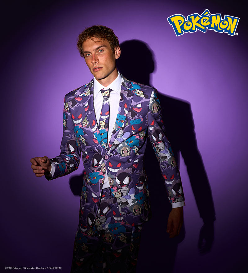 Image with purple background and man wearing all-over print Pokemon ghost type men's suit. Pokemon logo in top right corner.