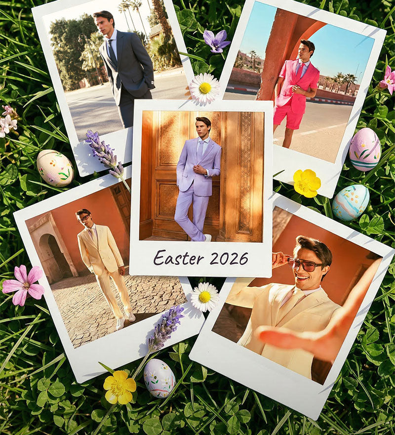 Image of grass with 5 images and Easter eggs laying on it. On the images is a man wearing solid colored Easter suits. 