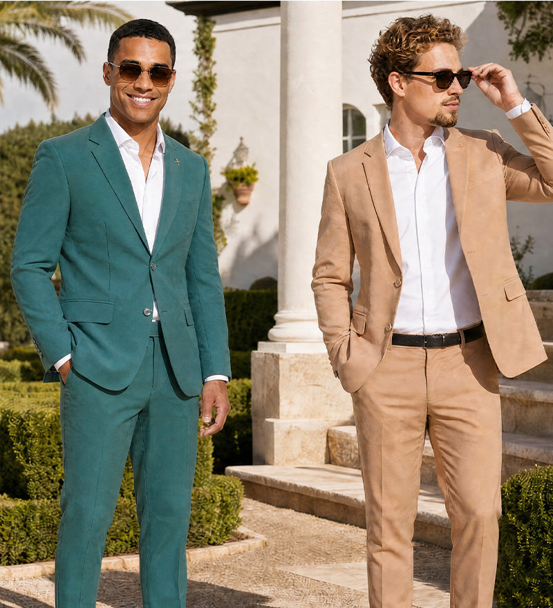 Two men standing in garden wearing a green and a beige daily suit and white shirt. Also wearing sunglasses.