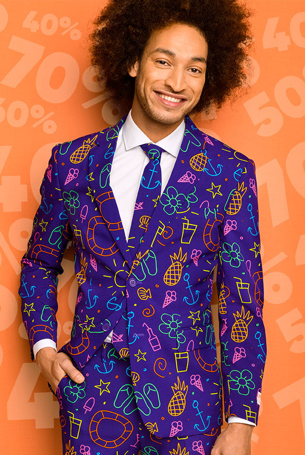 Image with discount percentages and man wearing purple suits with doodles