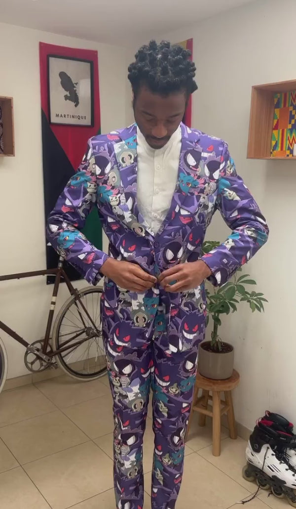 Man wearing a Pokemon ghost-typed themed suit from OppoSuits while skatin on rollerblade skates.