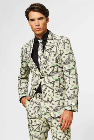 Video of man wearing Cashanova men's suit with all overmoney print, showing suit like a model. Suit consists of blazer, pant and tie.