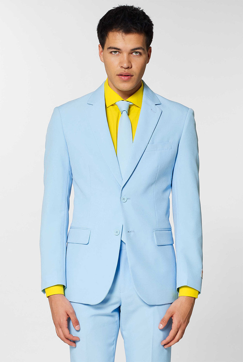 Video of man wearing Cool Blue, blue men's suit, showing suit like a model. Suit consists of blazer, pant and tie.