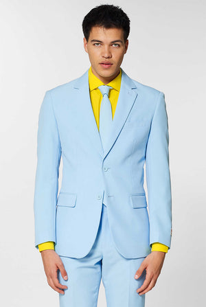 Video of man wearing Cool Blue, blue men's suit, showing suit like a model. Suit consists of blazer, pant and tie.