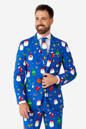 Video of man wearing Festivity Blue  men's Christmas suit, showing suit like a model. Suit consists of blazer, pant and tie.