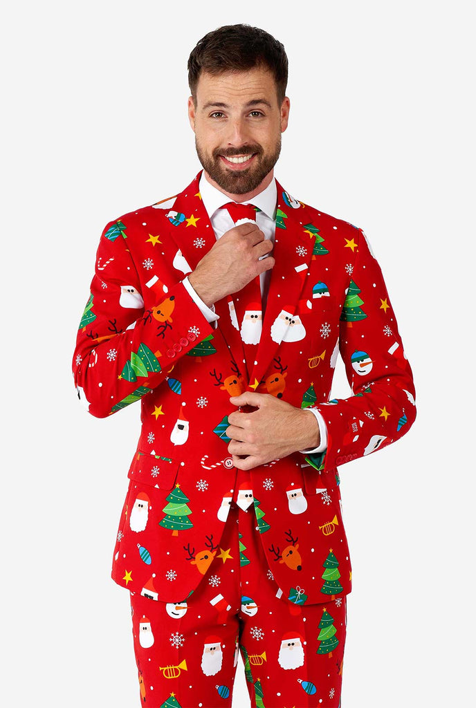 Video of man wearing Festivity Red men's Christmas suit, showing suit like a model. Suit consists of blazer, pant and tie.