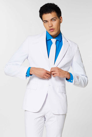 Video of man wearing White Knight, white men's suit, showing suit like a model. Suit consists of blazer, pant and tie.