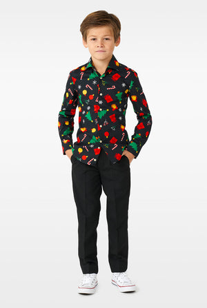 Funny black Christmas icons dress shirt worn by a boy zoomed in