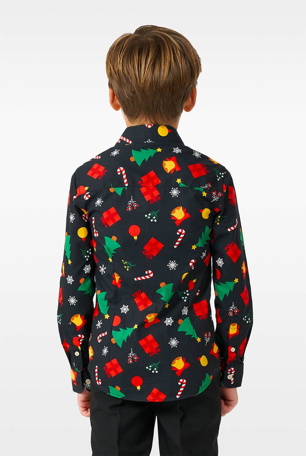 Funny black Christmas icons dress shirt worn by a boy zoomed in