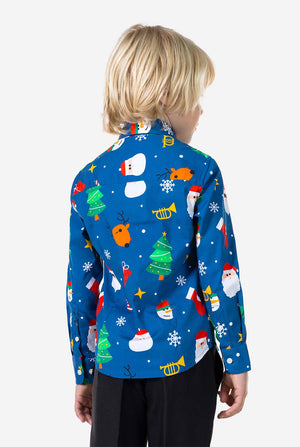 Kid wearing blue Christmas Shirt