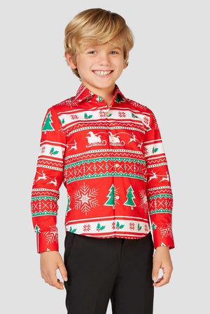 Funny red Christmas dress shirt Winter Wonderland worn by a boy