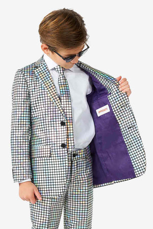 Boy wearing disco ball mirror suit