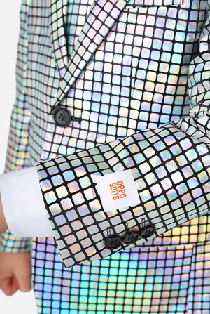Boy wearing disco ball mirror suit