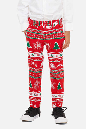 Red christmas suit for boys worn by boy