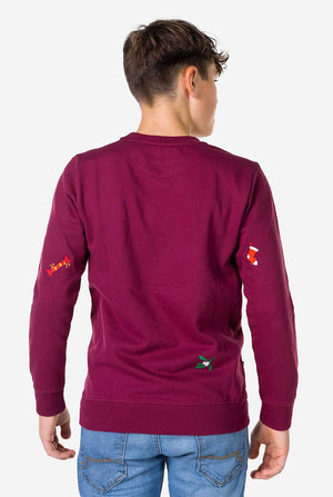 Back view of teen wearing burgundy red Christmas sweater with Christmas icons