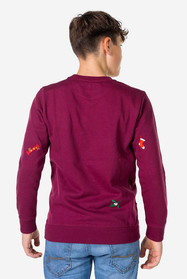 Back view of teen wearing burgundy red Christmas sweater with Christmas icons