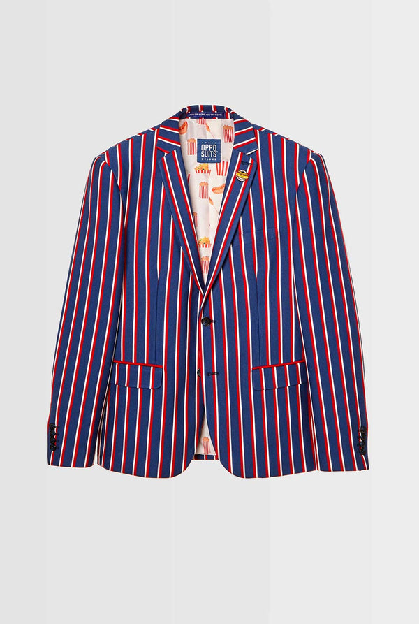 Red white and blue striped casual blazer worn by man