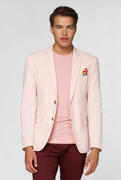 Pink casual blazer with parrot embroidery worn by man
