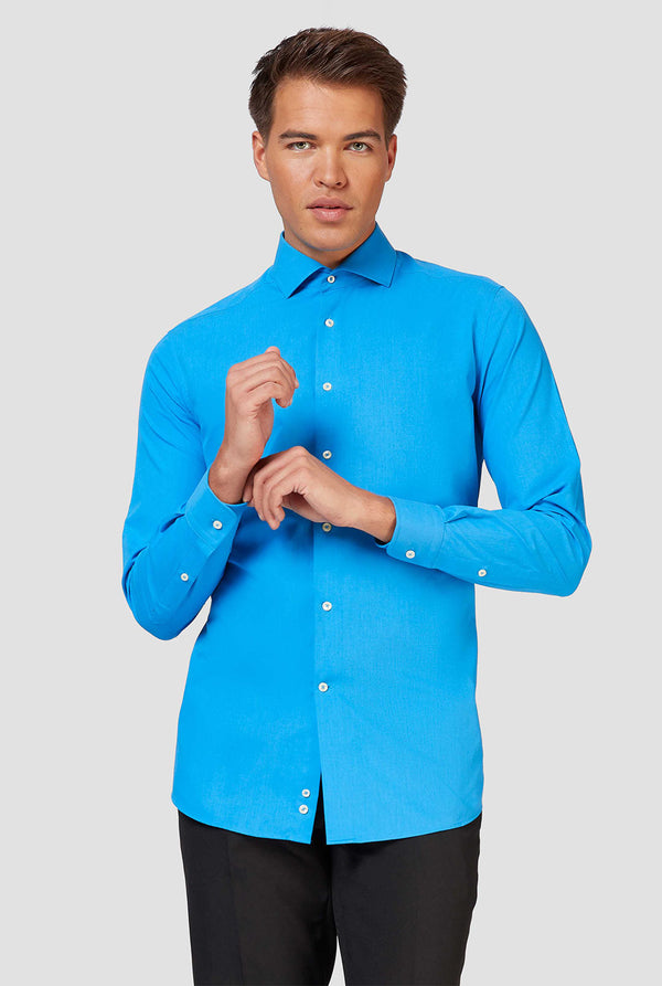 Blue long-sleeve shirt worn by man - close up