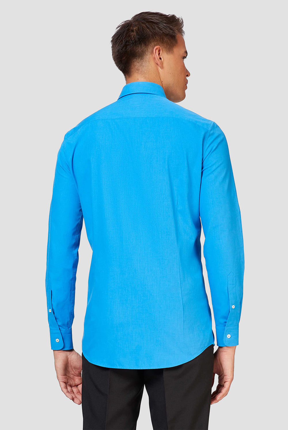 Blue long-sleeve shirt worn by man - close up