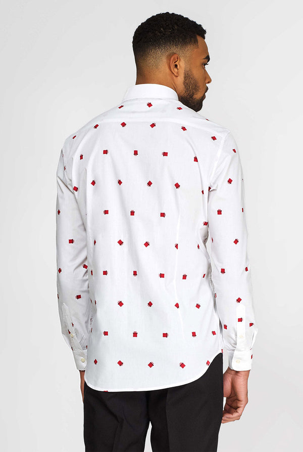 Man wearing white dress shirt with Christmas gift icons