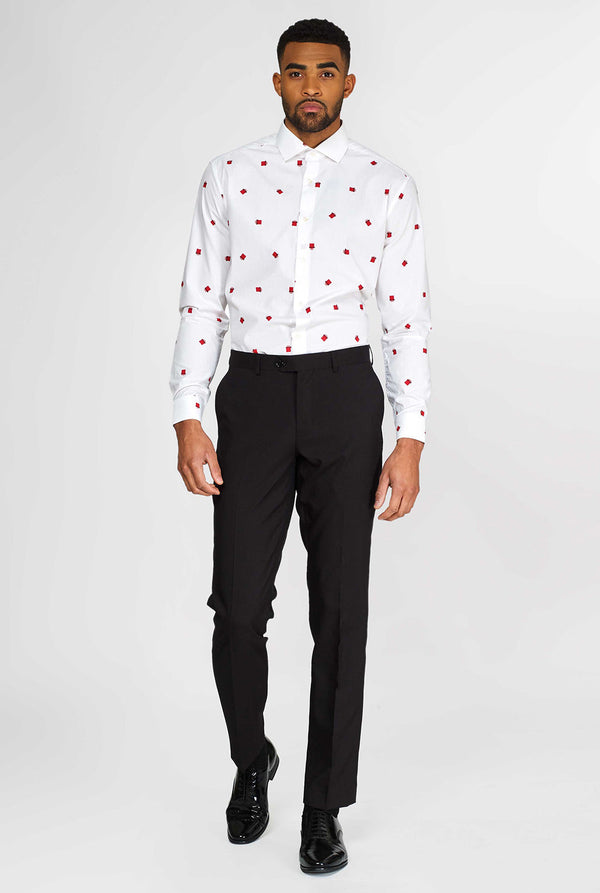 Man wearing white dress shirt with Christmas gift icons