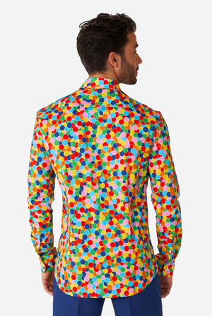 Man wearing multi color dress shirt with confetti print