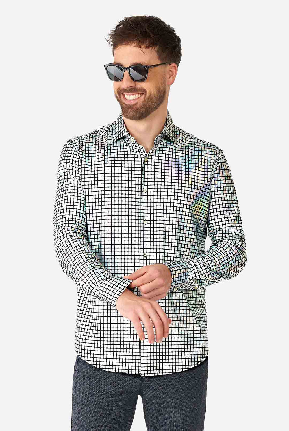 Man wearing dress shirt with mirror discobal print