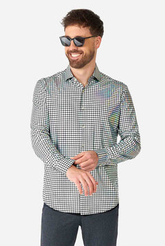 Man wearing dress shirt with mirror discobal print