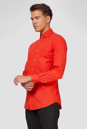 Man wearing red dress shirt