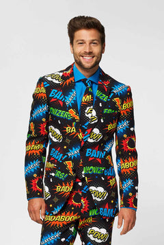 Black men's suit with comic book icons print worn by man
