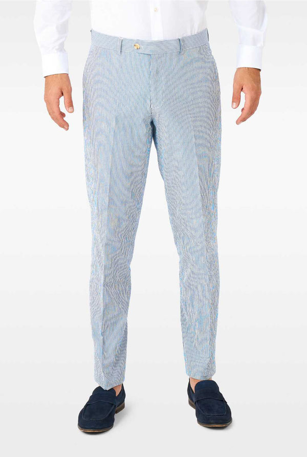 Man wearing stripped blue and white seer sucker suit