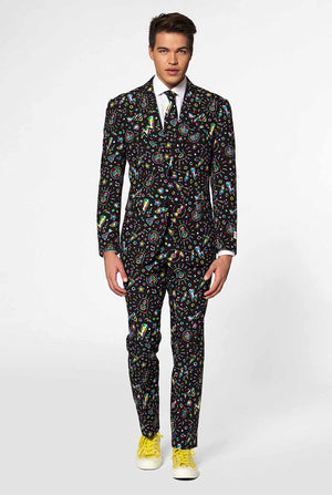 Funny Carnaval suit Disco Dude worn by man looking inside jacket