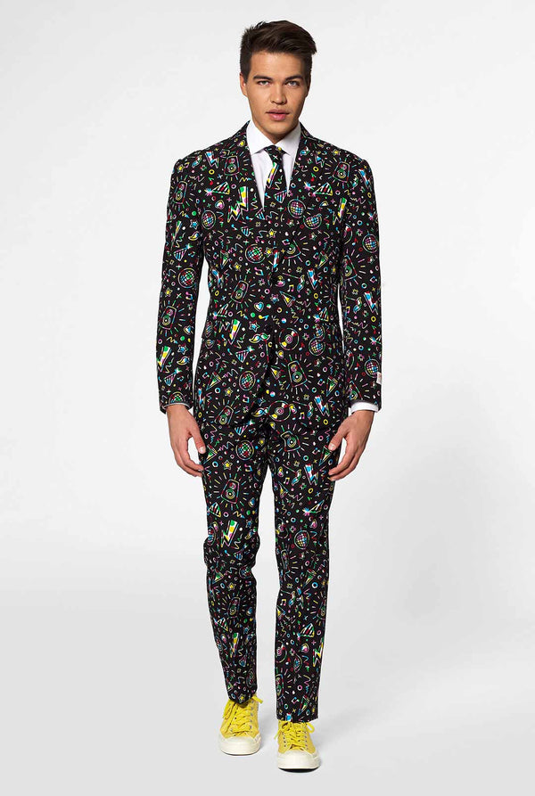 Funny Carnaval suit Disco Dude worn by man looking inside jacket